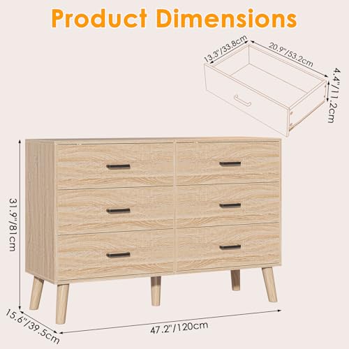 Bigbiglife Wood Dresser for Bedroom, 6 Drawer Dresser with Metal Handles, Mid Century Modern Dresser Double Chest of Drawer (Light Oak)