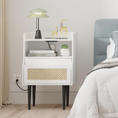 FinerFurnis Rattan Nightstands Set of 2 with Charging Station, Farmhouse Side Table with Drawer & Open Shelf, Freestanding End Table with Sturdy Wood Legs for Bedroom, Living Room, White