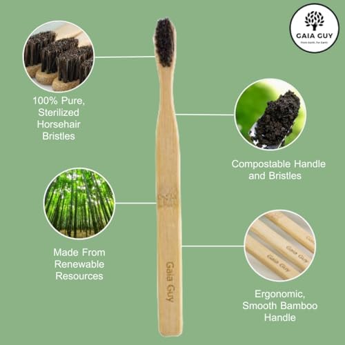 Gaia Guy Natural Bristle Bamboo Toothbrush Family Pack (NO Nylon - Horsehair ONLY) - Totally Compostable & Biodegradable Horse Hair Bristle and Bamboo Toothbrushes - Zero Waste - 4 Kids and 4 Adults