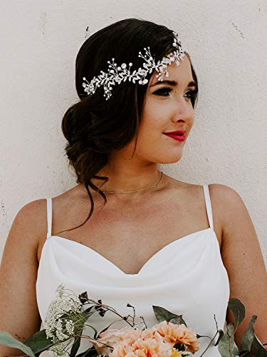 SWEETV Crystal Bridal Headpiece Silver Wedding Headband for Brides Pearl Hair Vine Rhinestone Hair Accessories for Women