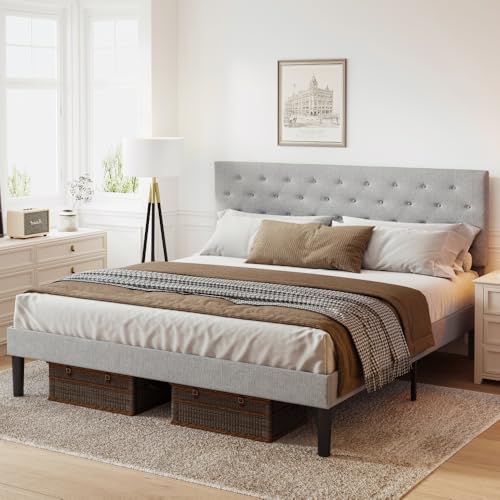 HOLISUN Simple Queen Size Grey Bed Frame, Adjustable Headboard