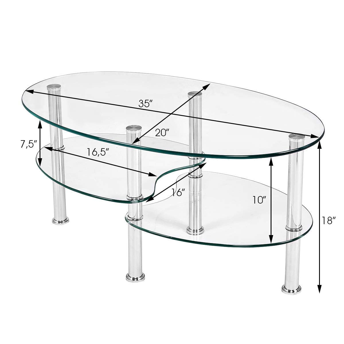 S AFSTAR Glass Coffee Table, Modern Style Glass Shelves with Steel Legs for Living Room, Cocktail Tea Table (Clear Glass)