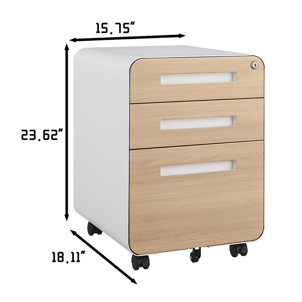 CuisinSmart 3 Drawer Mobile File Cabinet with Lock, Small Filing Cabinets 5 Wheel Anti-Tilt Design Rolling File Cabinet Fully Assembled (Except Casters) for Home Office Orange (White Natural)