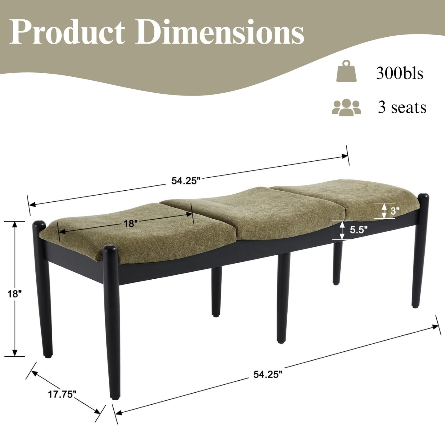 DUOMAY 55'' Modern Ottoman Bench, Chenille Upholstered Entryway Bench Bedroom Bench with Wood Legs, End of Bed Bench for Bedroom, Living Room, Corners, Kitchen, Green
