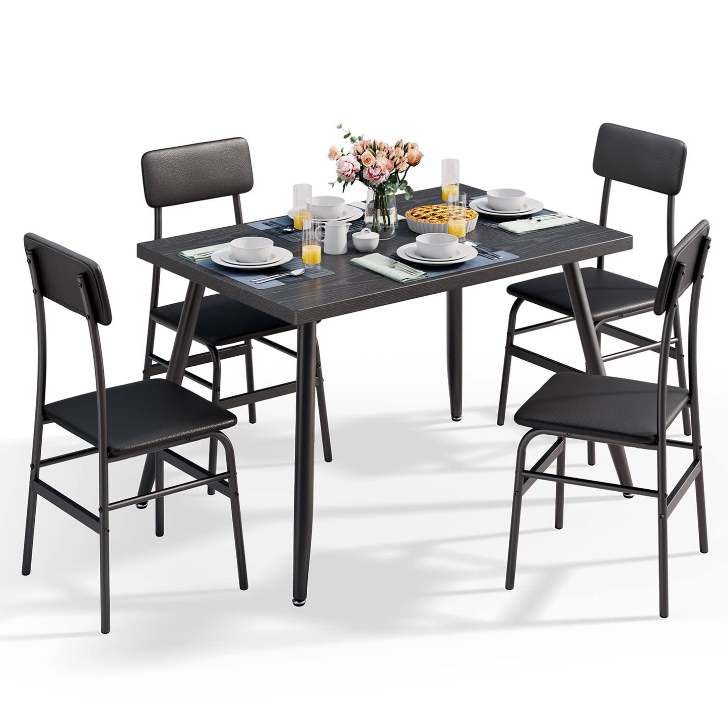 Gizoon 5 Piece Dining Table Set for 4, Modern Metal & Wood Kitchen Dinner Table with 4 Chairs, Space-Saving Dining Room Furniture Table & Chair Sets for Small Spaces & Apartment, Black