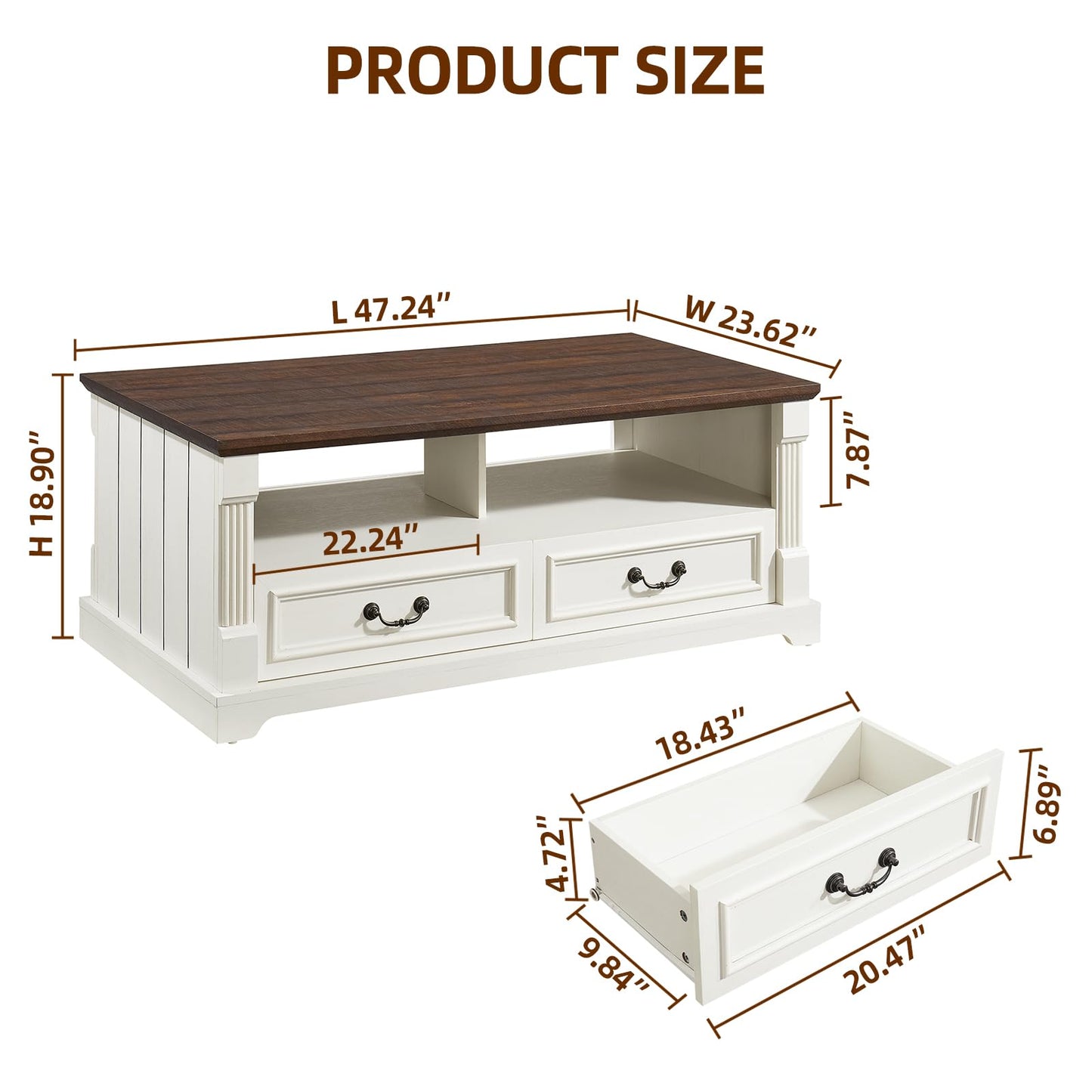 Minifeel 48'' Wood Coffee Table for Living Room, Farmhouse Coffee Table with Storage, Rustic Center Table for Living Room with 4 Drawers, Farmhouse & Industrial Cocktail Table for Home