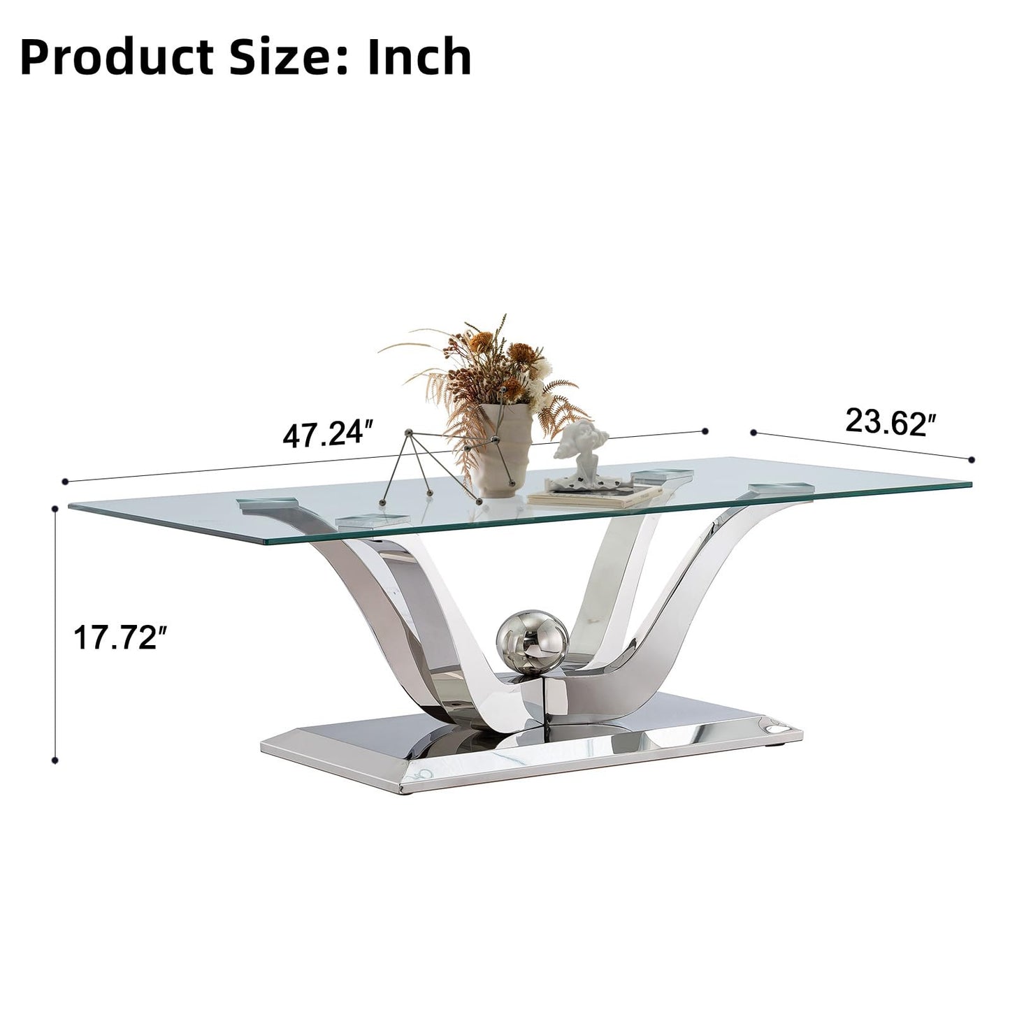 Luxury Silver Glass Coffee Table,47-inch Modern Coffee Table for Living Room,Rectangle Glass Center Table w/Stainless Steel Flower-Shape Base,Tempered Glass Accent Table for Bedroom Home Office