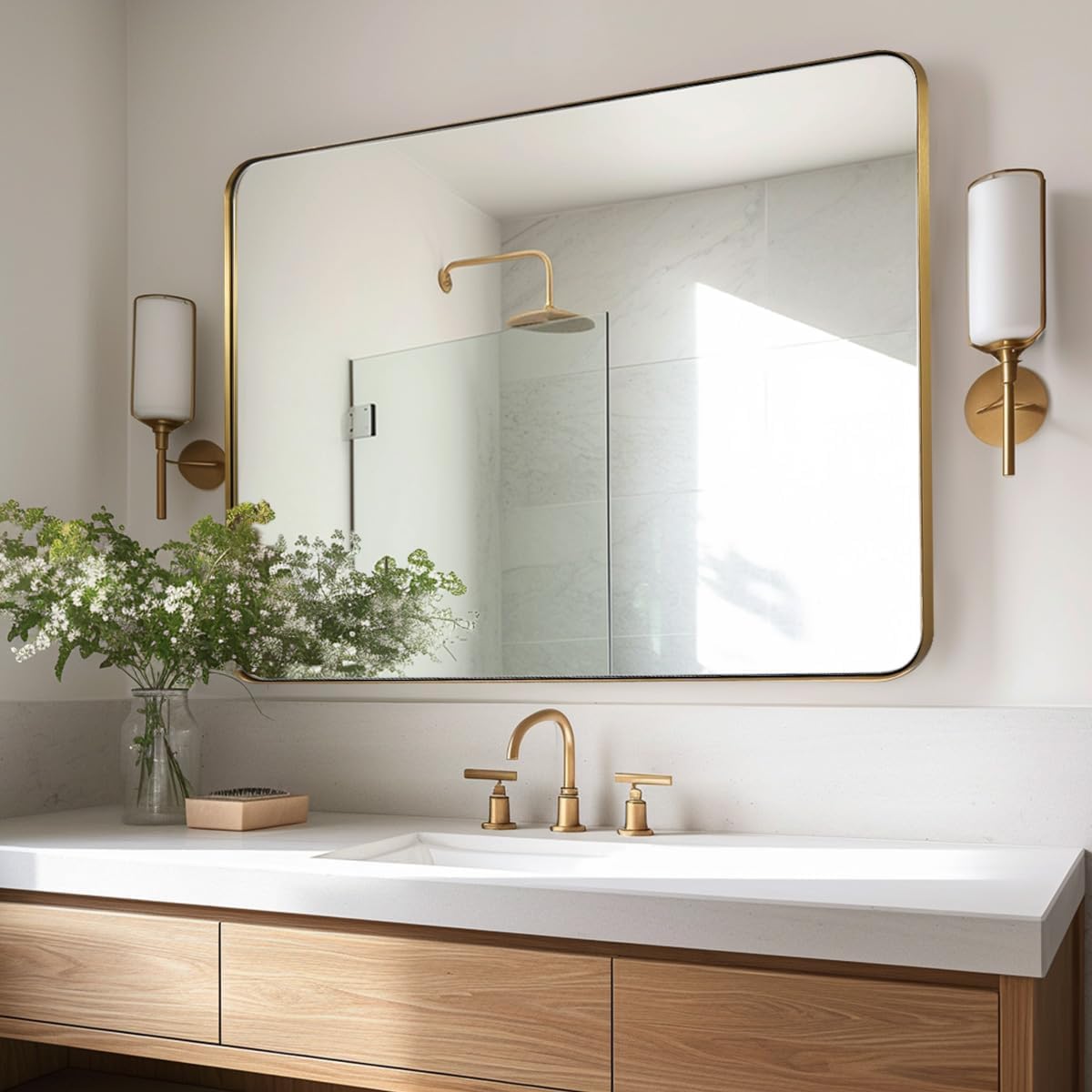 ANDY STAR Gold Bathroom Mirror, 22" x 30" Brushed Brass Metal Wall Mirror, Rounded Rectangle Mirror for Vanity, Framed in Premium Stainless Steel…
