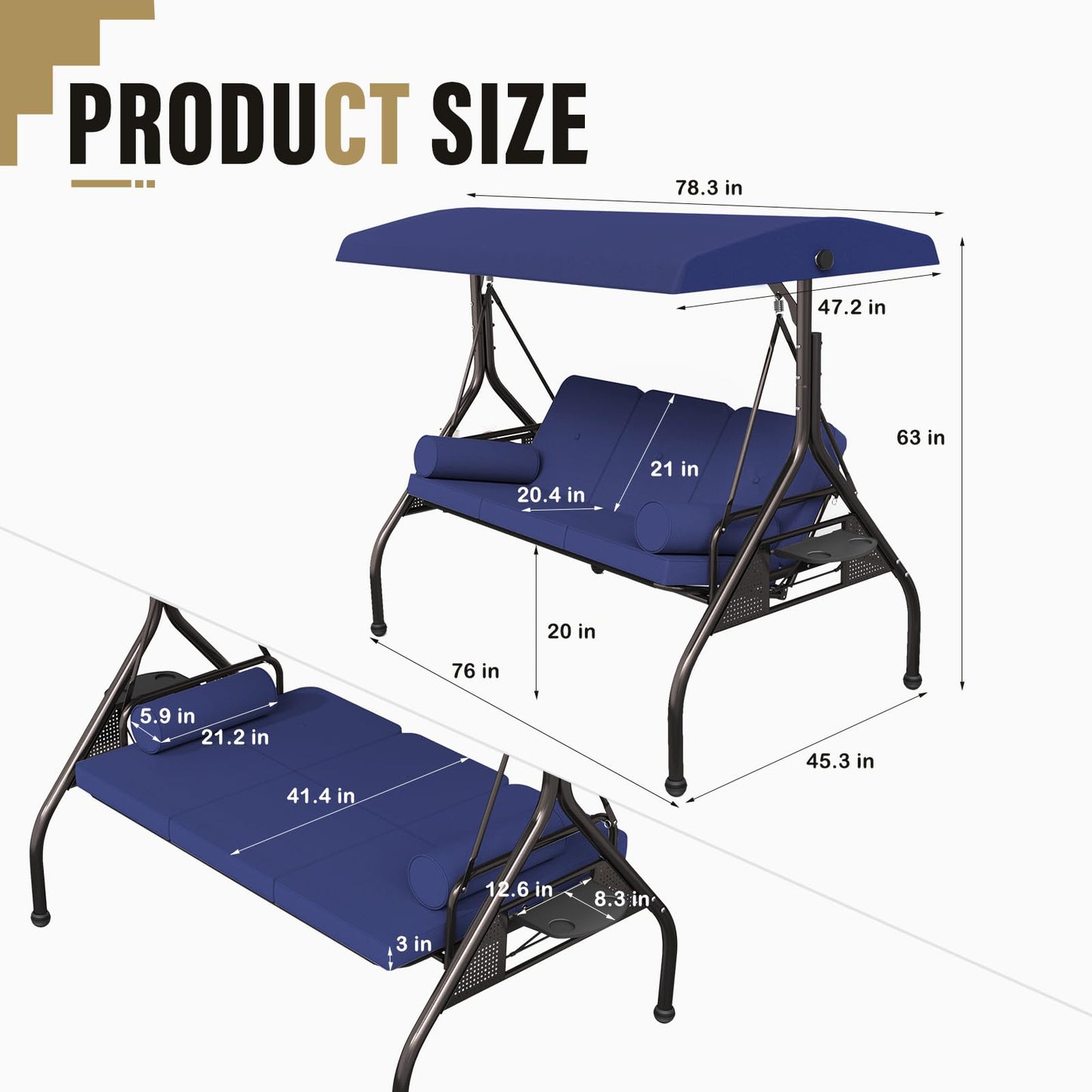 Betterland 3-Seat Patio Swing Chair, Outdoor Porch Swing with Cushions,Pillows & Cup Holders, Adjustable Canopy Outside Bench Swing for Porch,Backyard,Garden(Blue)
