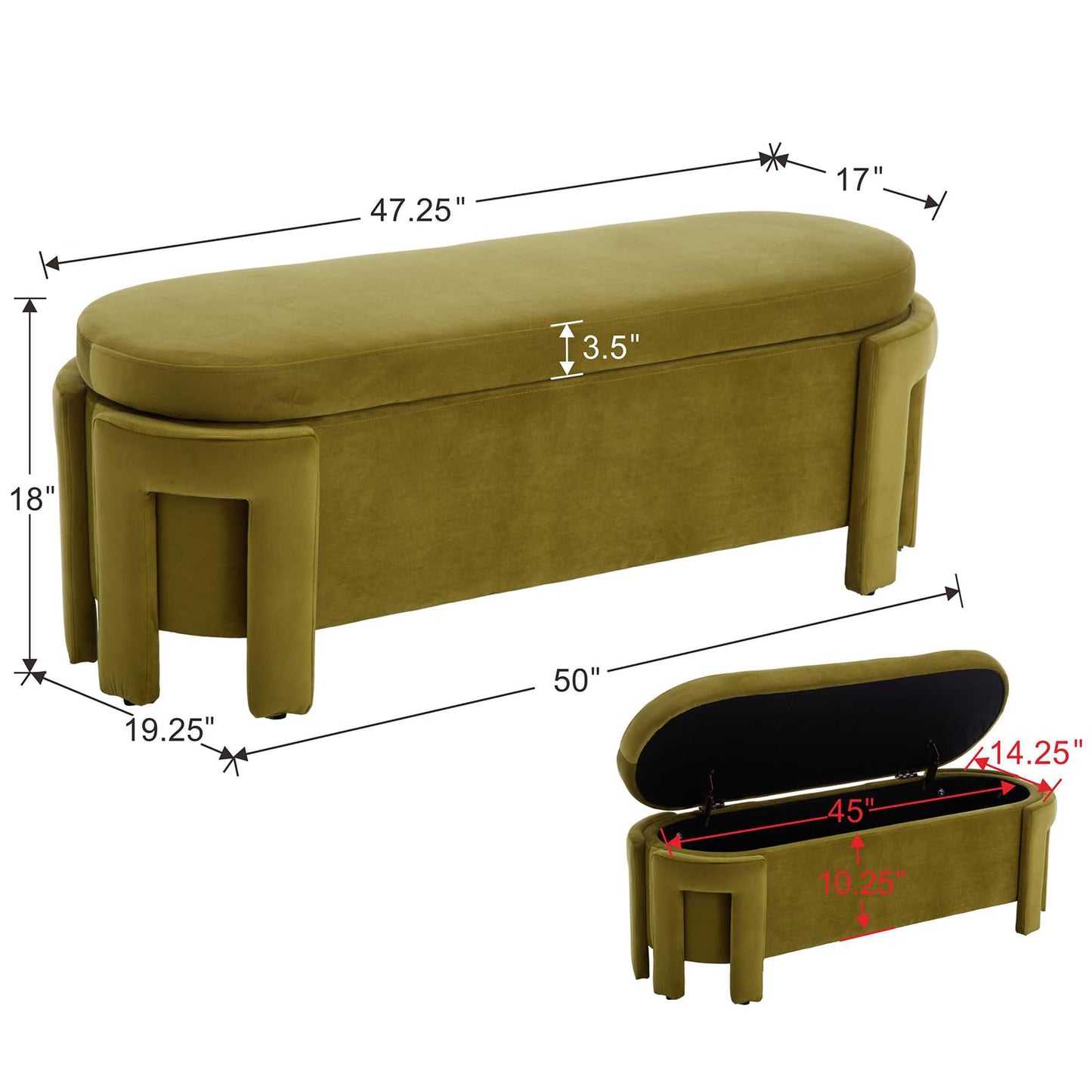 Janoray Modern Upholstered Storage Bench, Velvet Fabric 50" Long Entryway Bench with Storage and Seating, Comfy Cute Ottoman Bench for Living Room/End of Bed/Hallway, Olive Green