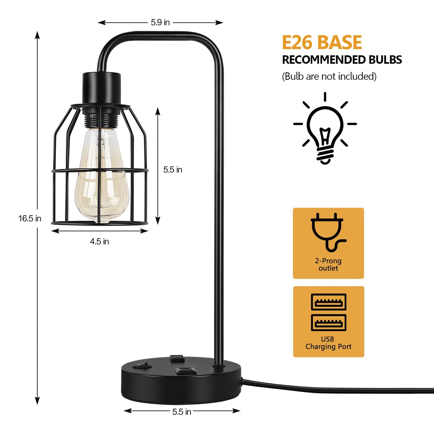 BTY Bedside Lamps Set of 2 Industrial Table Lamp with Dual USB Charging Ports and 2 Prong AC Outlet Farmhouse Nightstand Desk Lamps Edison Lamp with Metal Wire Cage for Bedroom Living Room