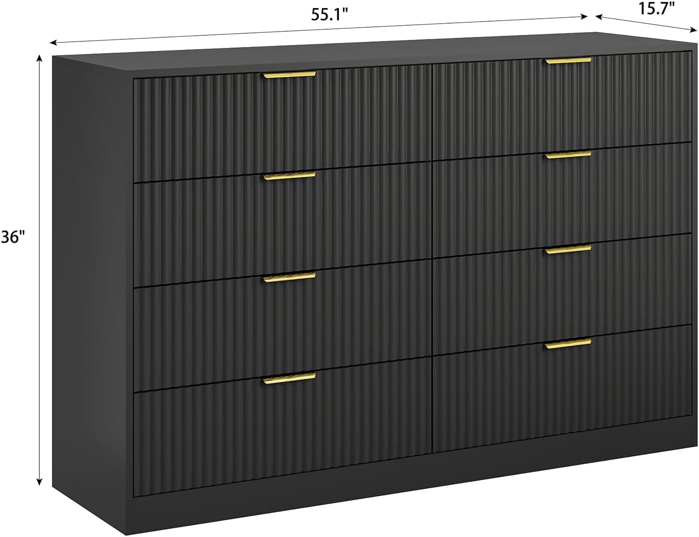 Sscaktu 8 Drawer Dresser for Bedroom, Modern Fluted Double Dresser, 55" Wide Chest of Dressers, Wooden Beside Table for Closet, Living Room and Entryway, Black