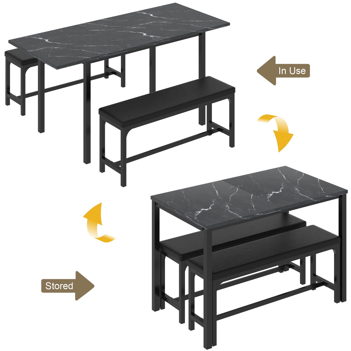 VECELO 3-Piece 63" Extendable Kitchen Table with Benches/Chairs, Modern Breakfast Dinette/Dining Room Set for 4/6/2, Small Space Saving Design, Easy Assembly