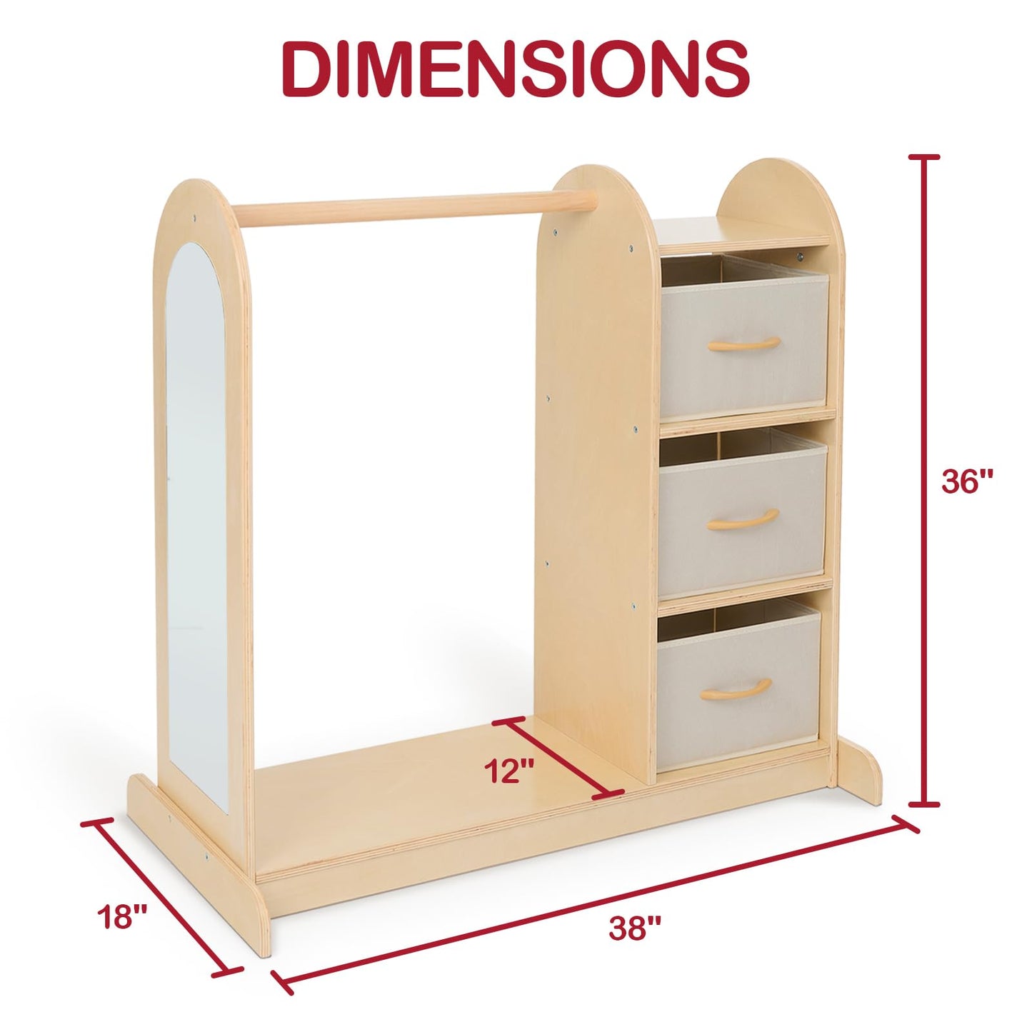 Monläurd® 100% Birch Kids' Dress-Up Closet with Mirror – Montessori Kids Armoire & Wardrobe for Costumes & Clothes, Toddler Furniture, Nursery & Daycare Essentials
