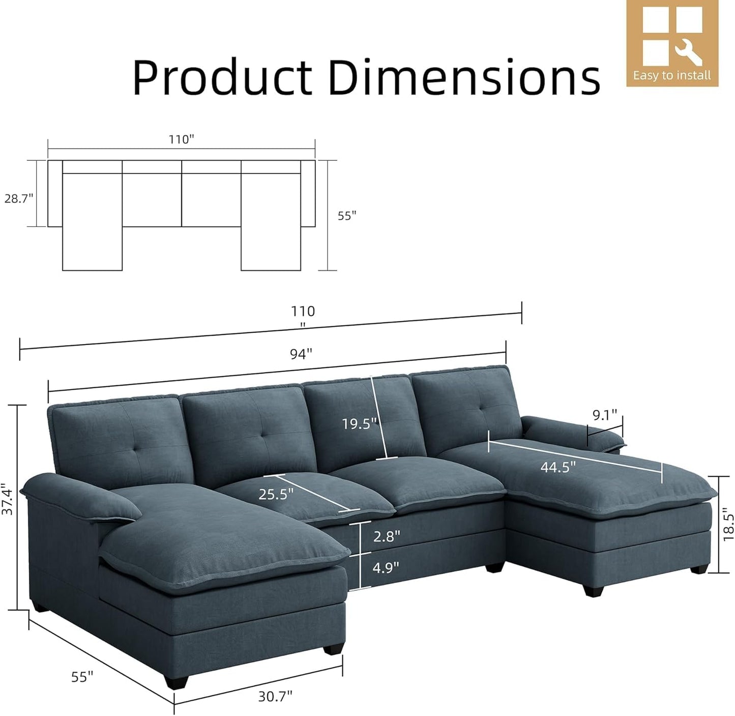 JAMFLY 110" Sectional Couches for Living Room, U-Shaped Couch 4 Seat Sofas with Double Chaises, Modern Modular Sectional Sofa Set for Apartment Furniture for Apartment, Dark Grey