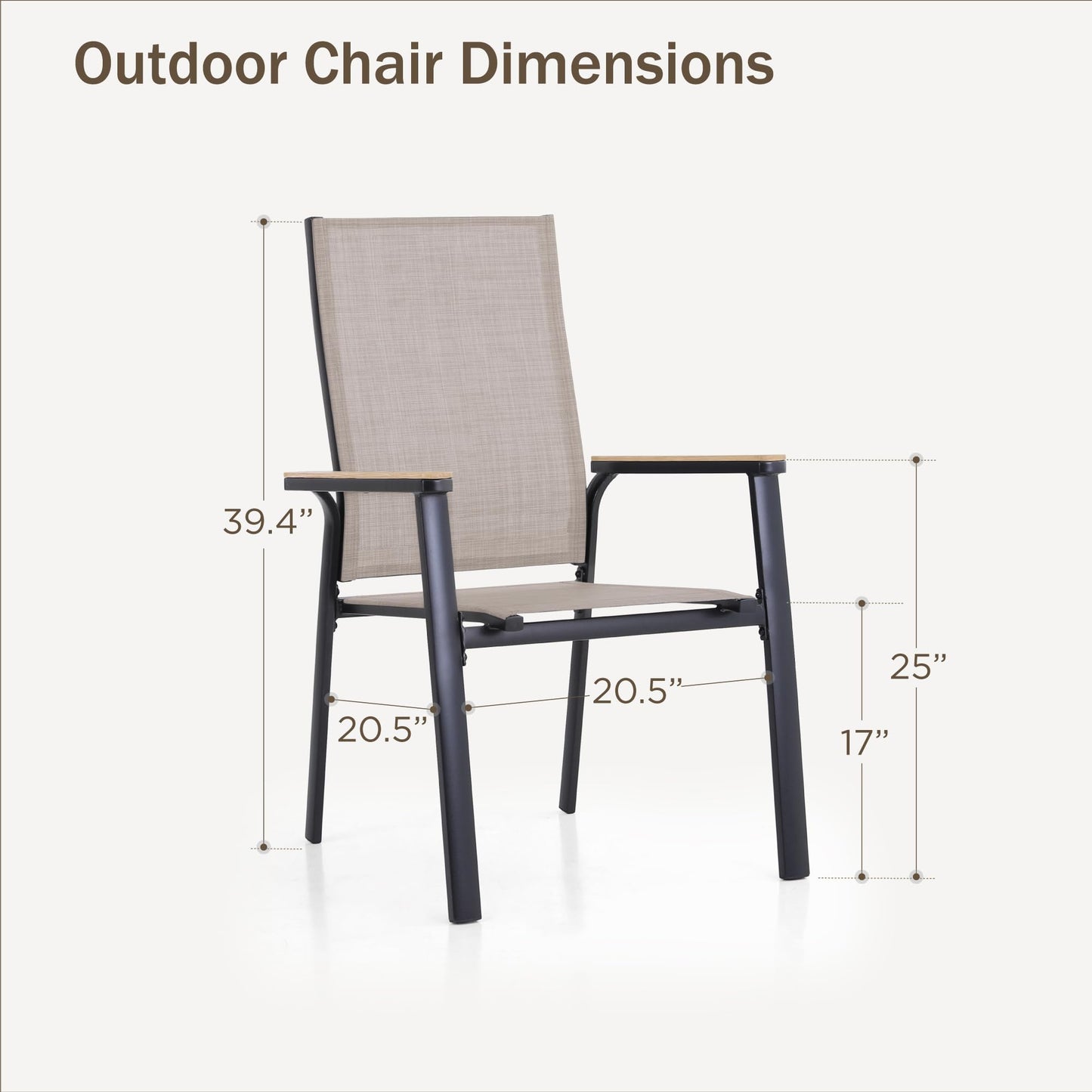 PHI VILLA Outdoor Stackable Chairs, Patio Chairs Set of 4, Light Weight Aluminum Frame with Textilene Fabric & Wood Armrest, High Back Deck Chairs for Poolside Lawn Garden, Beige