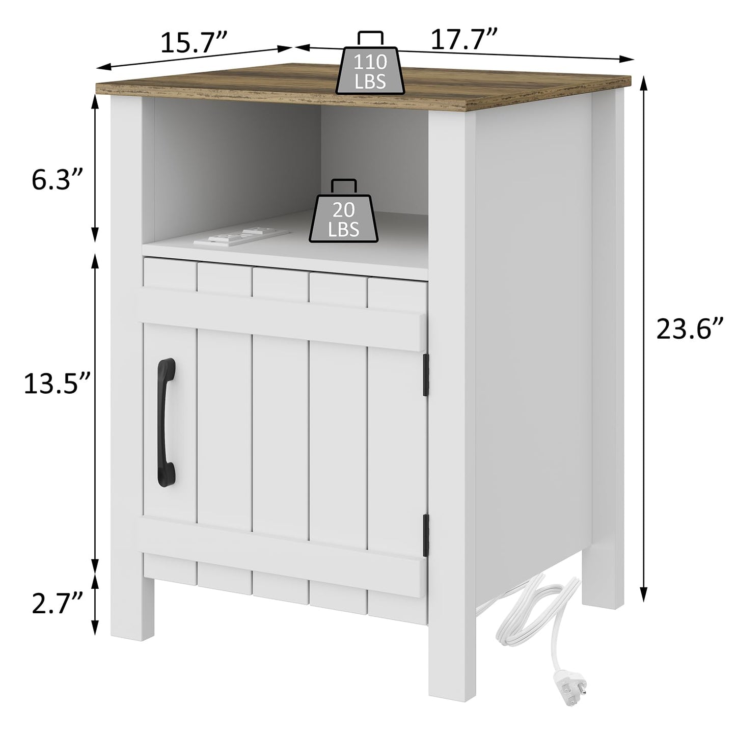 RRX Large Nightstand, End Table with Charging Station, 15.7''Lx17.7''Wx23.6''H Farmhouse Bedside Table with Barn Door and Storage Shelf, Wooden Sofa Side Table (2, White)