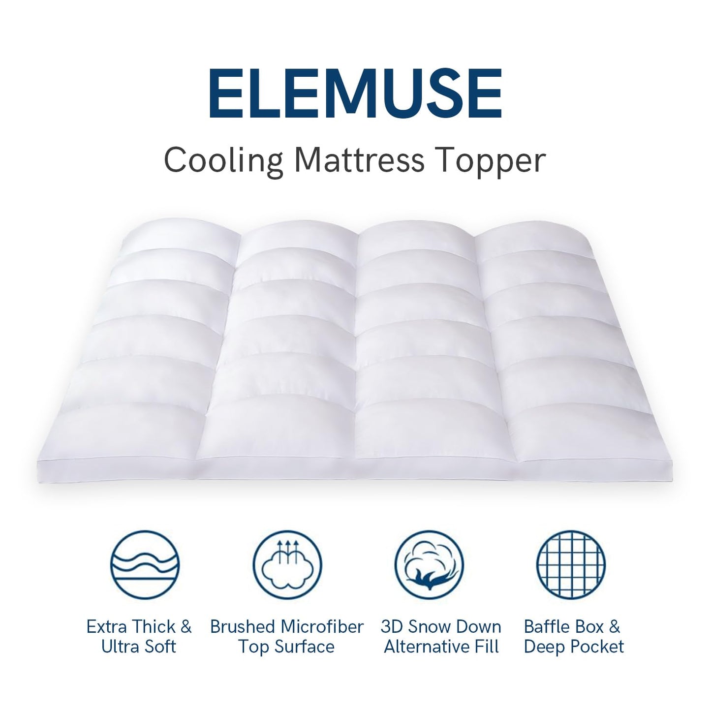 ELEMUSE Super/Olympic Queen Mattress Topper for Back Pain, Extra Thick Mattress Pad Cover, Plush Soft Pillowtop with Elastic Deep Pocket, Overfilled Down Alternative Filling
