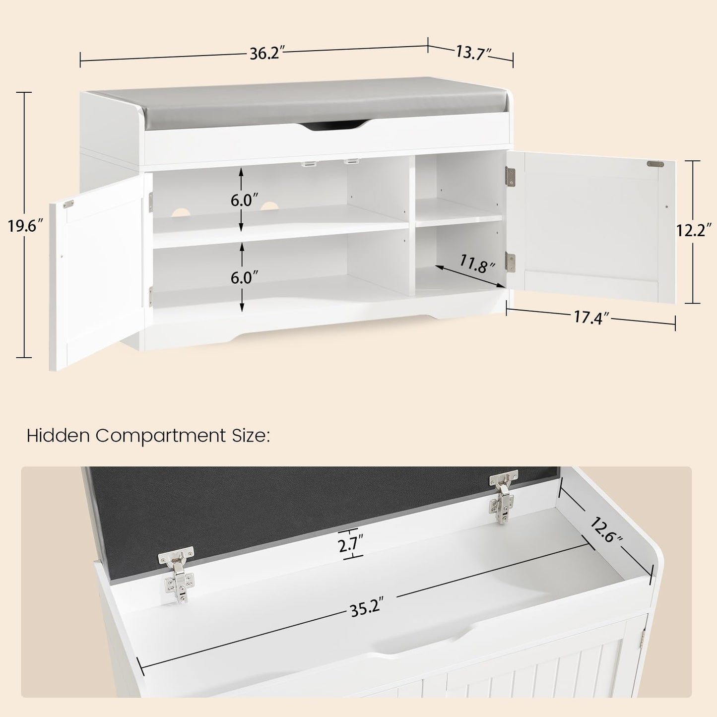usikey Shoe Bench with Lift Top Storage, Entryway Bench with Padded Seat Cushion, Shoe Storage Bench with 2 Adjustable Shelves, for Entryway, Living Room, Bedroom, White