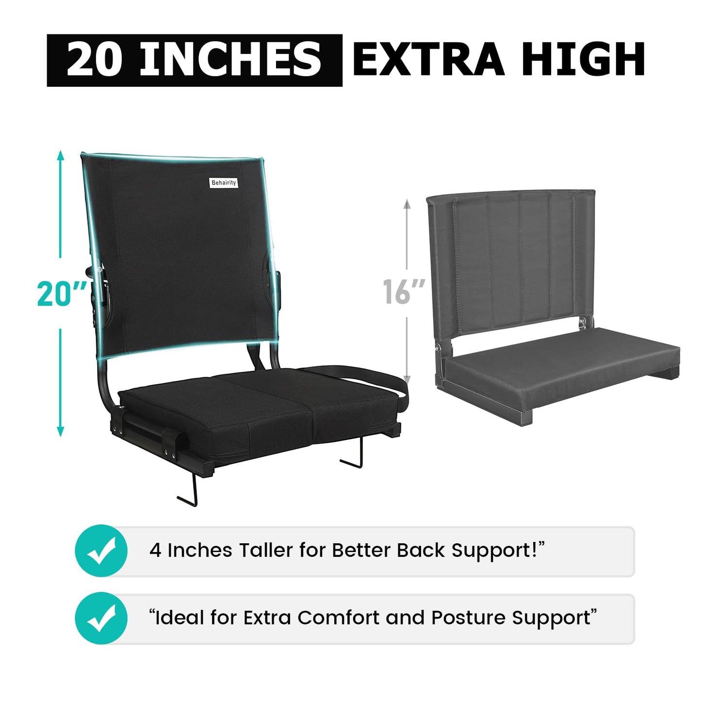 Stadium Seats for Bleachers with Back Support Wide, Portable Bleacher Chairs with Highest Back and Thick Cushion, Folding Padded Stadium Chair for Adults at Sports Events and Concerts. (Black)