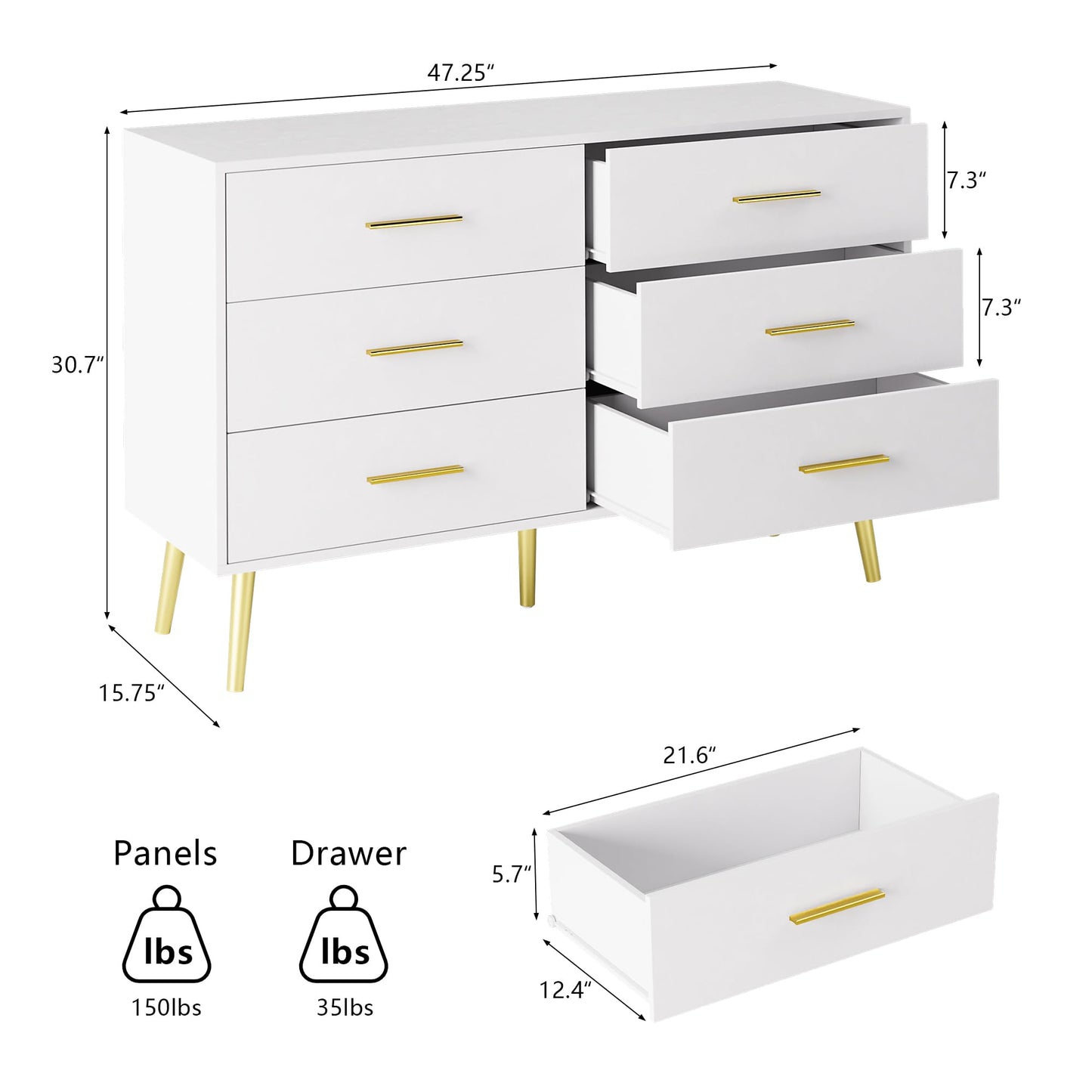 LYNSOM White Dresser for Bedroom, 6 Drawer Wood Double Dresser with Gold Handles, Modern Chest of Organizer Storage Drawers for Living Room, Hallway, Entryway