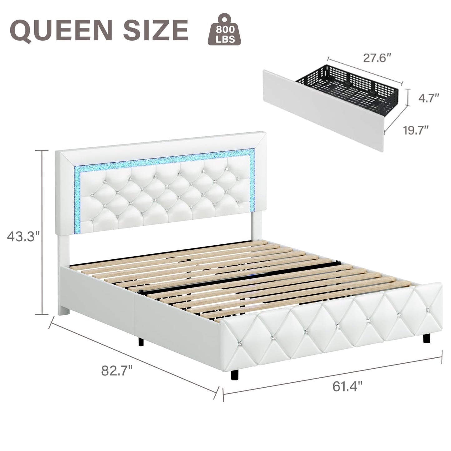 Queen Bed Frame with LED Lights, Upholstered Bed Frame with Storage Drawers, Princess Platform Bed with Diamond Headboard and Footboard, No Box Spring Needed, White