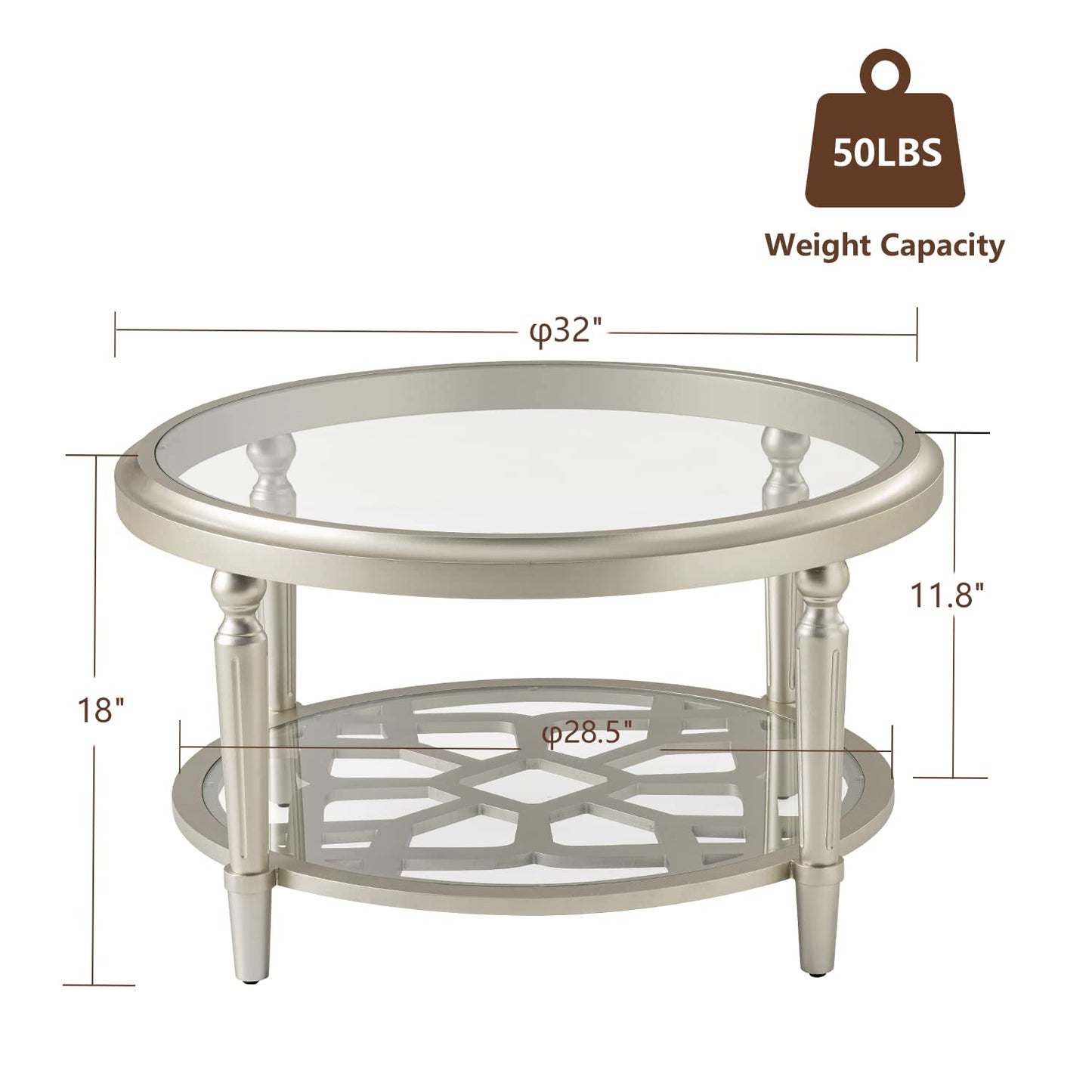 COSIEST Glass Coffee Table, 32" Round Coffee Tables with Storage, 2-Tier Glass Top, Clear Coffee Table, Simple & Modern Center Table for Living Room or Home Office (Champagne)