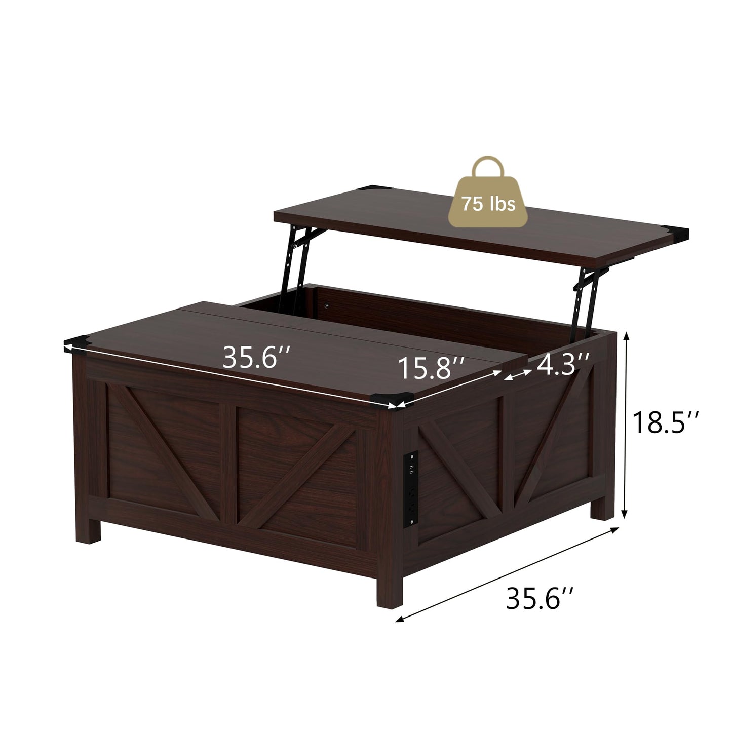 Otterease Farmhouse Coffee Table, 35'' Lift Top Coffee Table with Storage and Large Hidden Storage, Square Coffee Tables with Charging Station, Brown Coffee Tables for Living Room, Home, Office