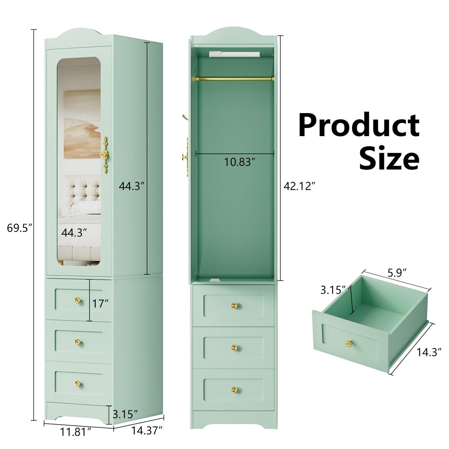 JanflyHome Armoire Wardrobe Closet, 69.5" H Wood Bedroom Armoires Cabinet with Mirror Door and 3 Drawers, Green Clothing Storage Cabinet with Hanging Rod & Sensor Light for Bedroom-Left