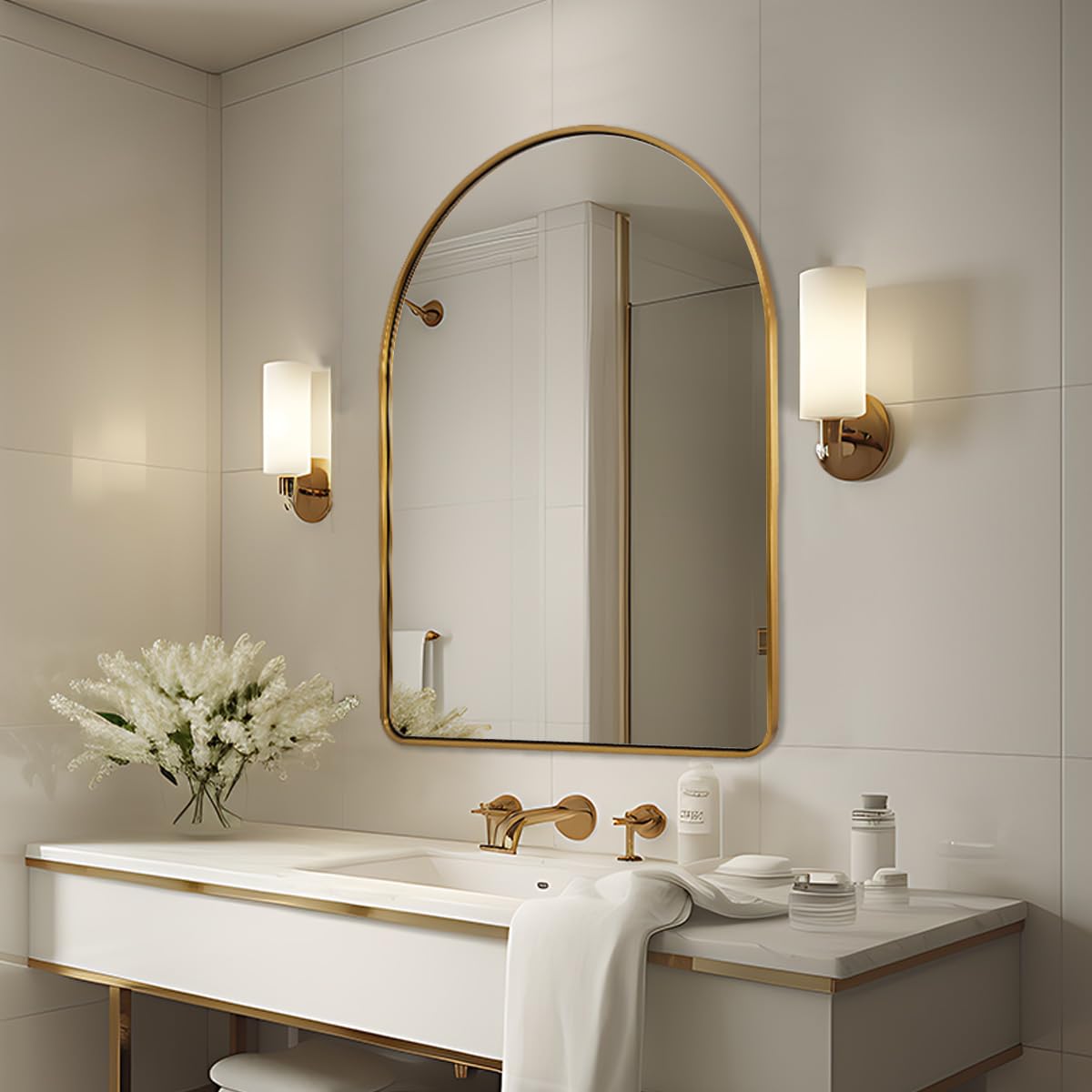 ANDY STAR 30x40’’ Arched Gold Mirrors for Wall, Brushed Brass Arched Bathroom Mirror Rounded Corner, Gold Arched Vanity Mirror,SUS304-Anti-Rust, Tube Frame, Wall-Mounted Vertical 1’’ Deep