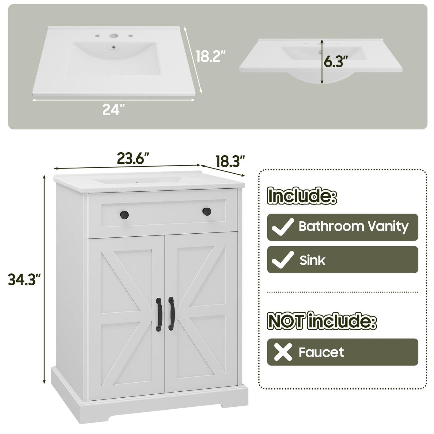 Vabches Bathroom Vanity with Sink Set, Modern Bathroom Cabinet with Flip Drawer and Doors, Freestanding Storage Cabinet with Shelf, Vintage Vanity with Ceramic Sink, White