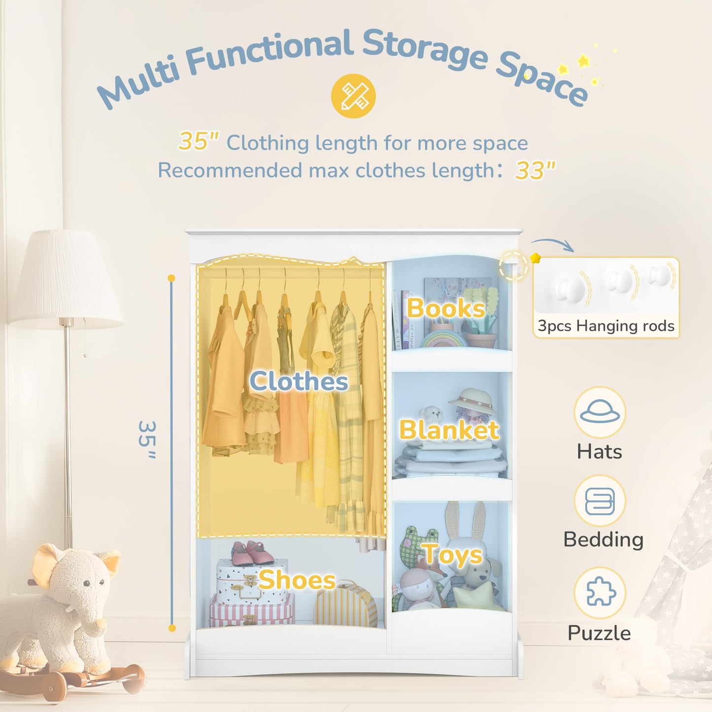 Curipeer Kids Dress Up Storage with Flower Mirror, Open Hanging Closet Wardrobe for Children, Kids Armoire & Costume Organizer for Bedroom Playroom Preschools Classroom, White