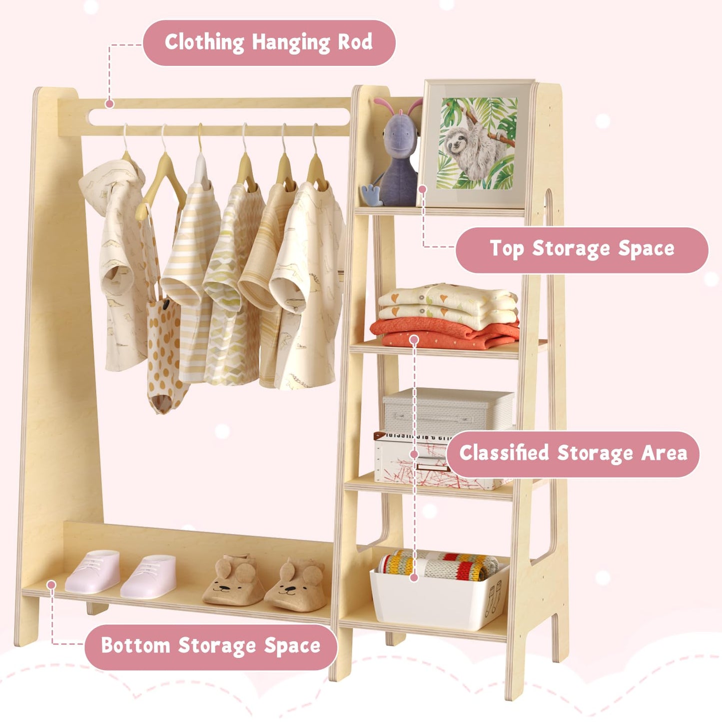 Kids Dress Up Storage with Mirror, Kids Closet with 5 Hanger and Stickers, Opening Hanging Costume Closet Wardrobe for Boys and Girls