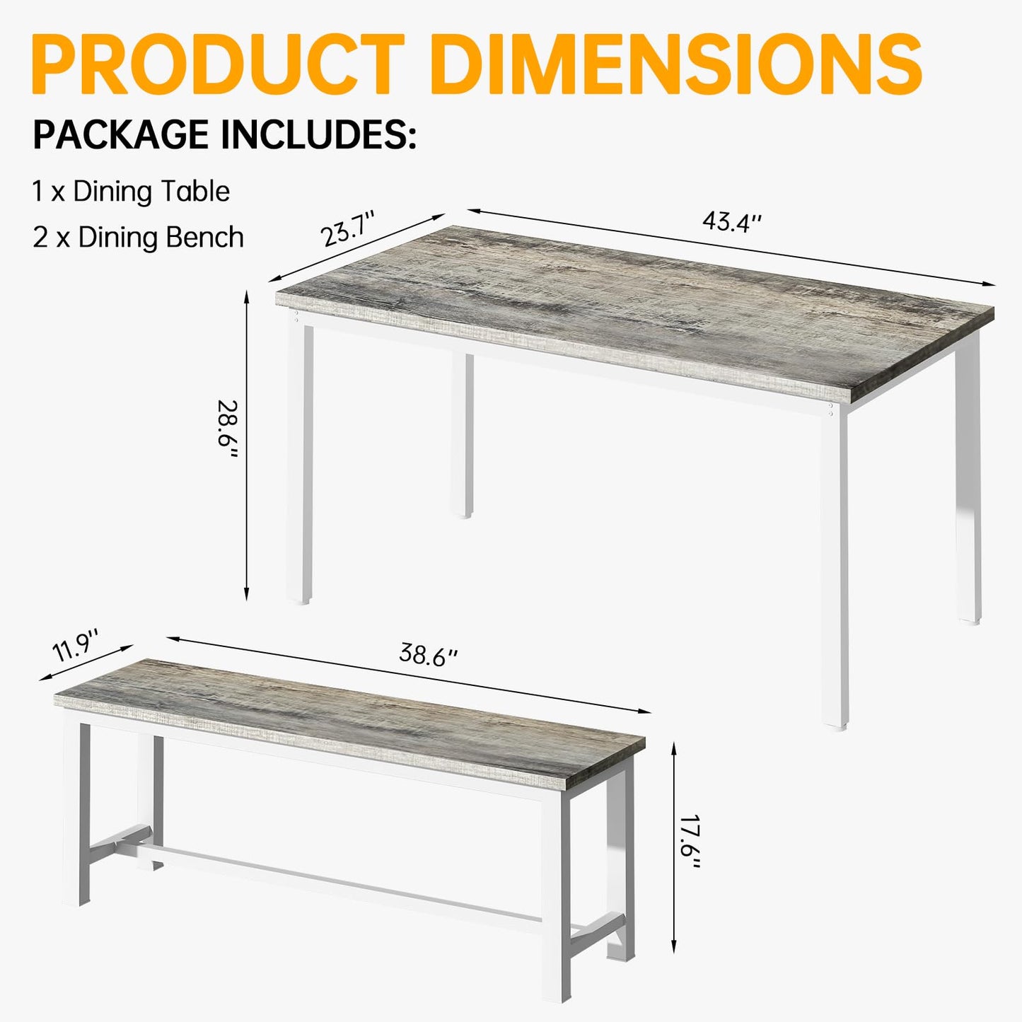 LinkRomat Dining Room Table Set with 2 Benches Dining Table Set for 4, Farmhouse Breakfast Table Set for Small Spaces, Apartment (Grey & White)
