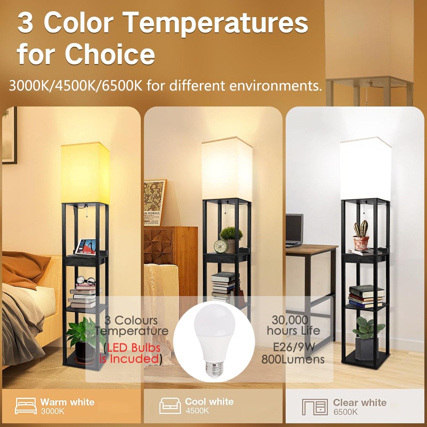 Assemer Shelf Floor Lamps for Living Room,Tall Standing Lamp with Shelves and Drawer,2 USB Charging Ports & 2 Power Outlet,Bright 3CCT LED Bulb Included - Black