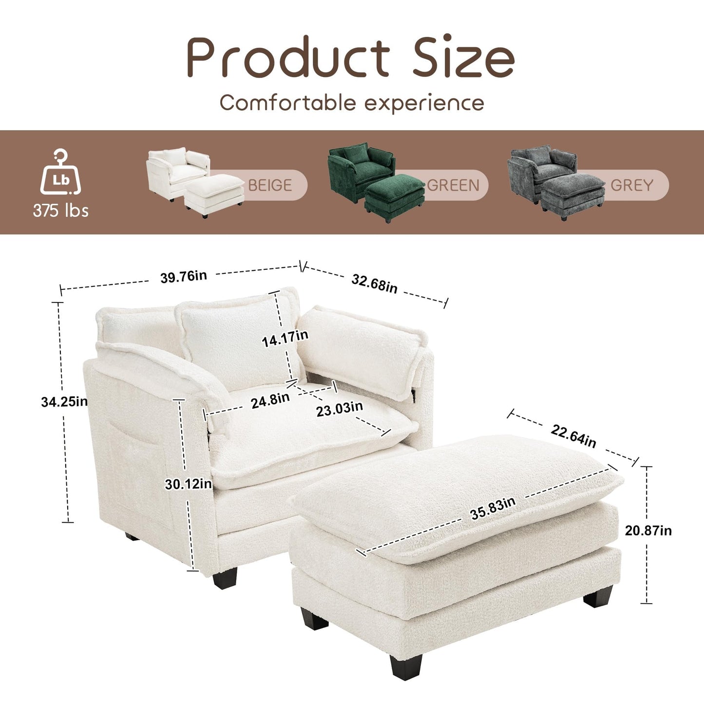 KEIKI Boucle Accent Chair with Storage & Ottoman, Oversized Reading Arm Chair w/Double Cushion, Modern Side Deep Seating Chairs Set, Corner Comfy Lounge Armchair for Living Room, Bedroom, White