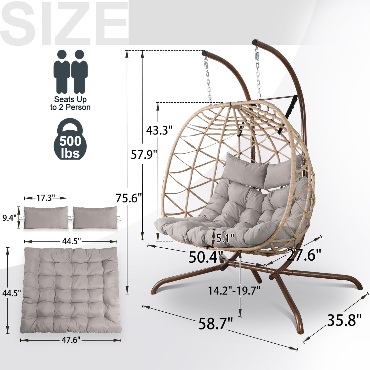 NOBLEMOOD Outdoor Egg Swing Chair with Stand, 2 Person Patio Swing Chairs with Thick Cushions and Pillows, Wicker Double Egg Chair Swing for Indoor Bedroom