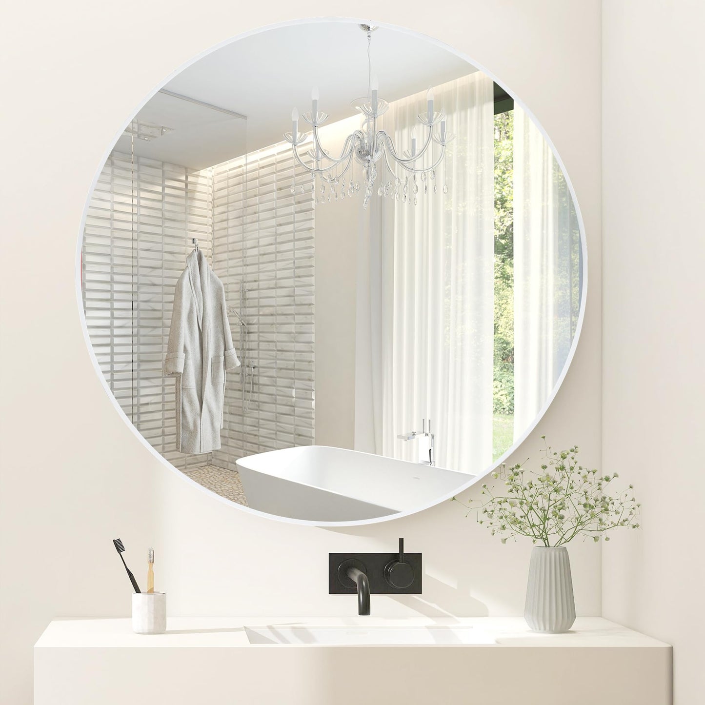Tanmicoshomy White Round Mirror 36 inch, Large Circle Wall-Mounted Bathroom Mirror with Tempered Glass-Shatterproof for Entryway, Living Room, Bedroom