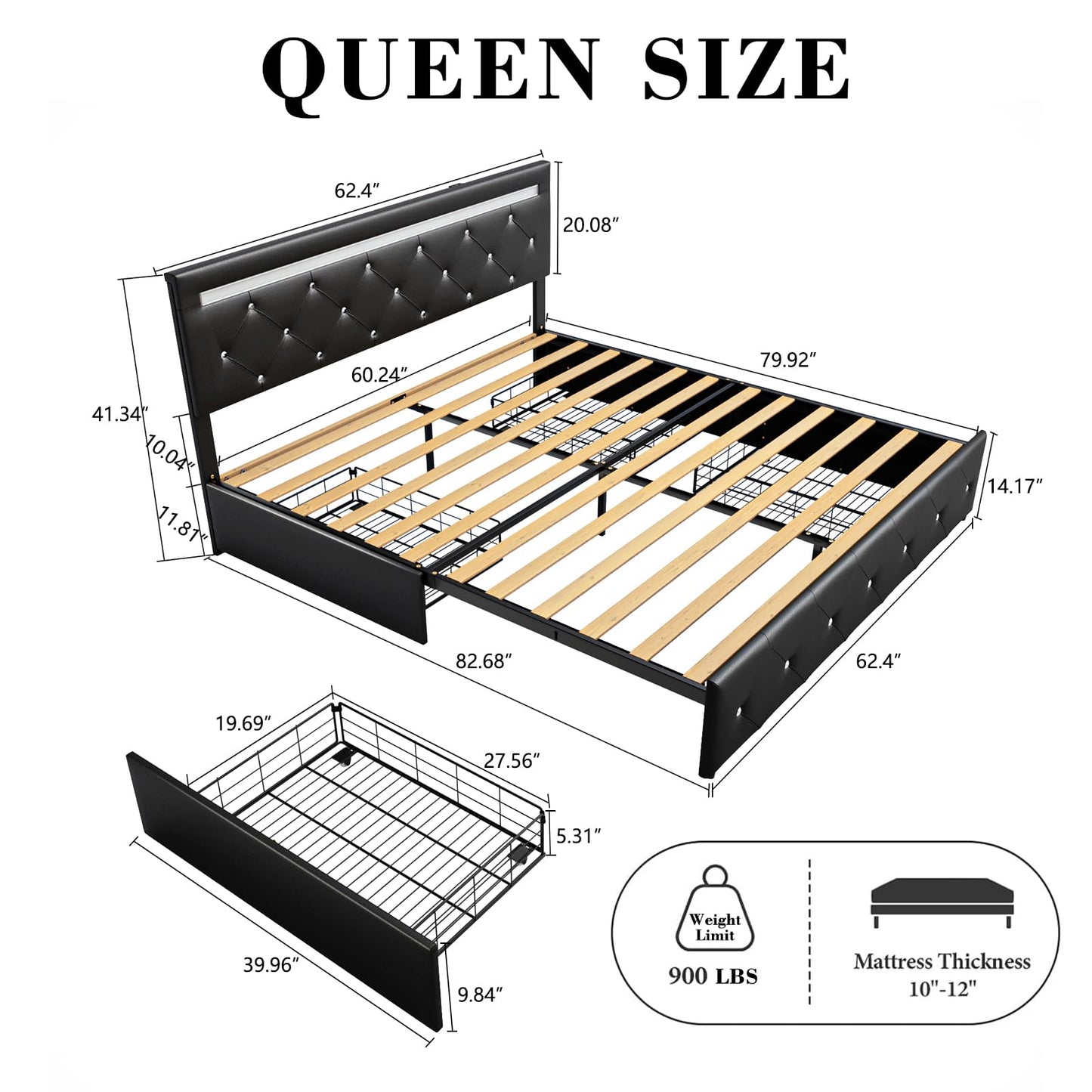 Forrise Bed Frame Queen Size with LED Light and Storage Drawers, Adjustable Headboard with PU Leather Upholstered, 2 Sockets and 2 USB Ports, No Box Spring Needed, Wooden Slats Support, Black