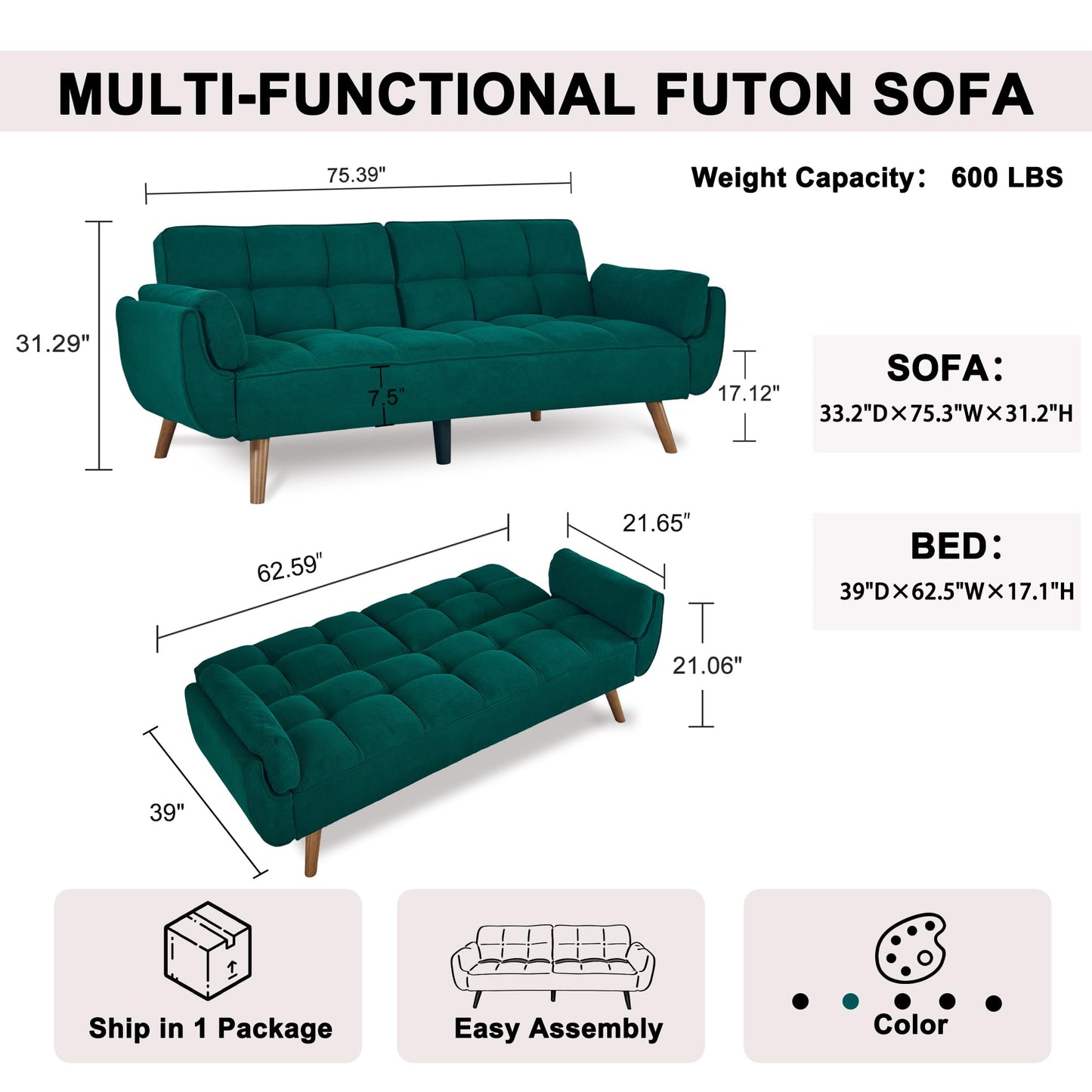 Convertible Futon Couch Bed, Sleeper Sofa Bed with Adjustable Backrests, Linen Loveseat Sofa 3 Seater Comfy Couch for Small Spaces, Living Room, Bedroom(Green, 75")