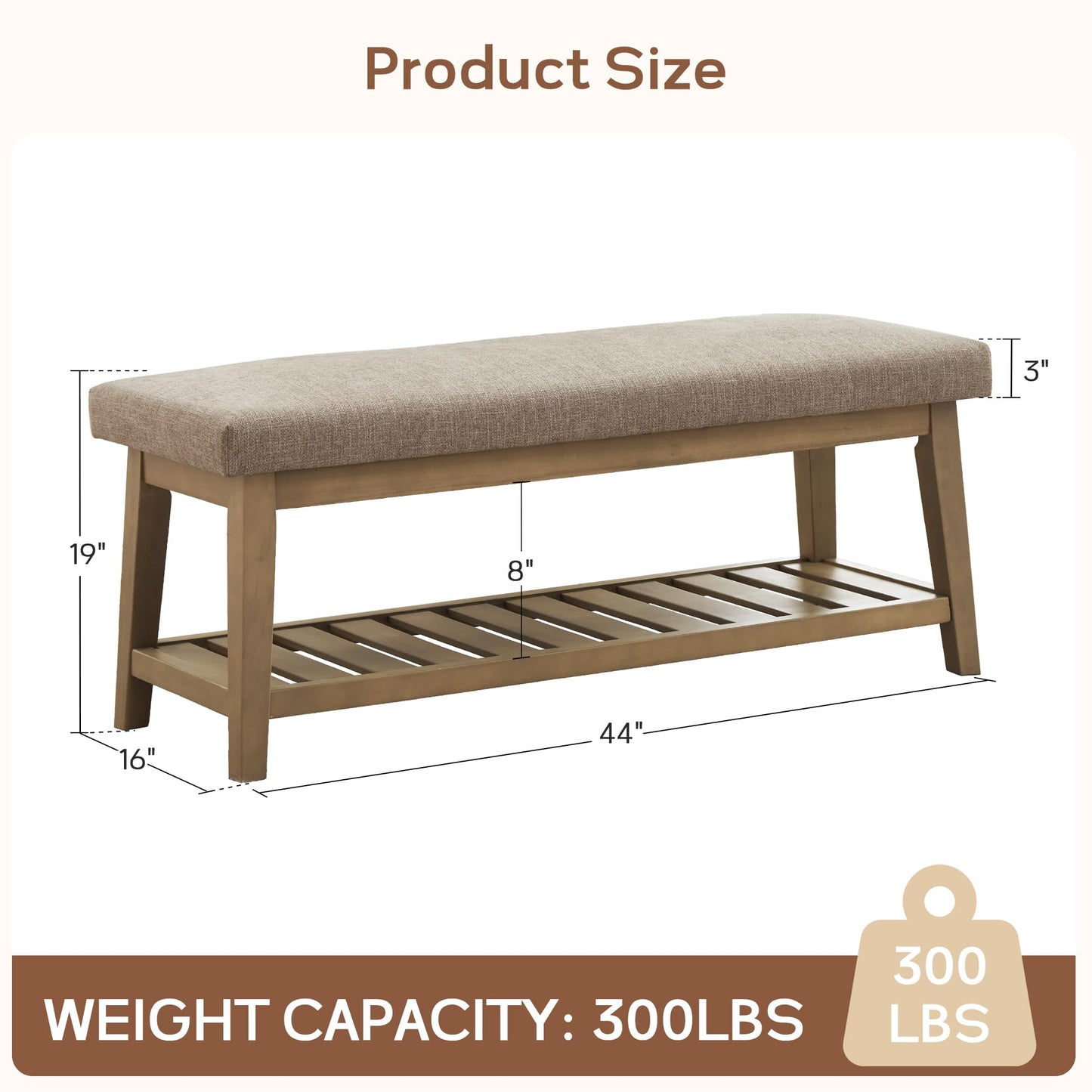 Zihanhome Entryway Shoe Bench with Cushion, End of Bed Bench,Upholstered Bench for Kitchen, Bench with Solid Wood Shelf, Fabric Ottoman Bench for Hallway, Living Room (Brown)