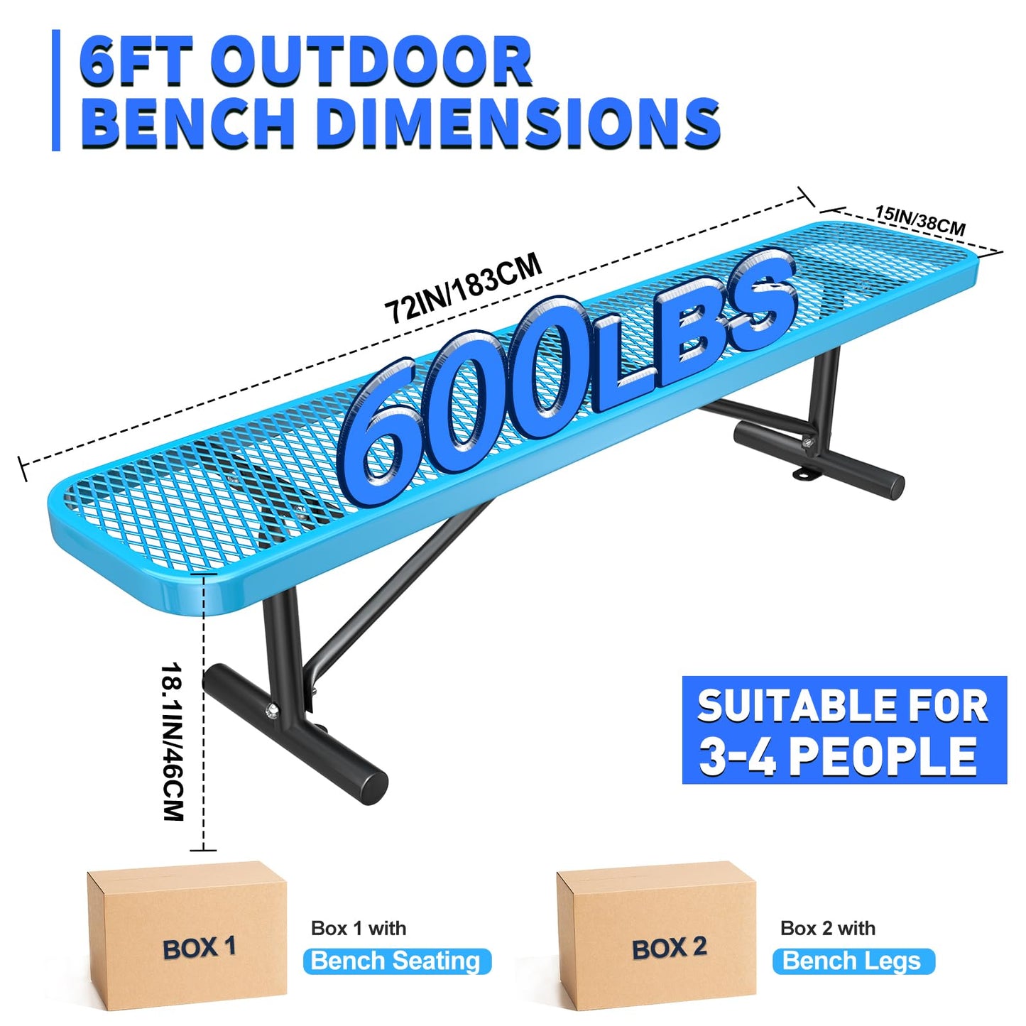 Thermoplastic Coated Iron Park Bench for Outside, Heavy Duty Metal Garden Bench, Expanded Commercial Grade Seating for Shopping Malls, Lawn Yard Porch Entryway (Blue Without Backrest, 48IN)