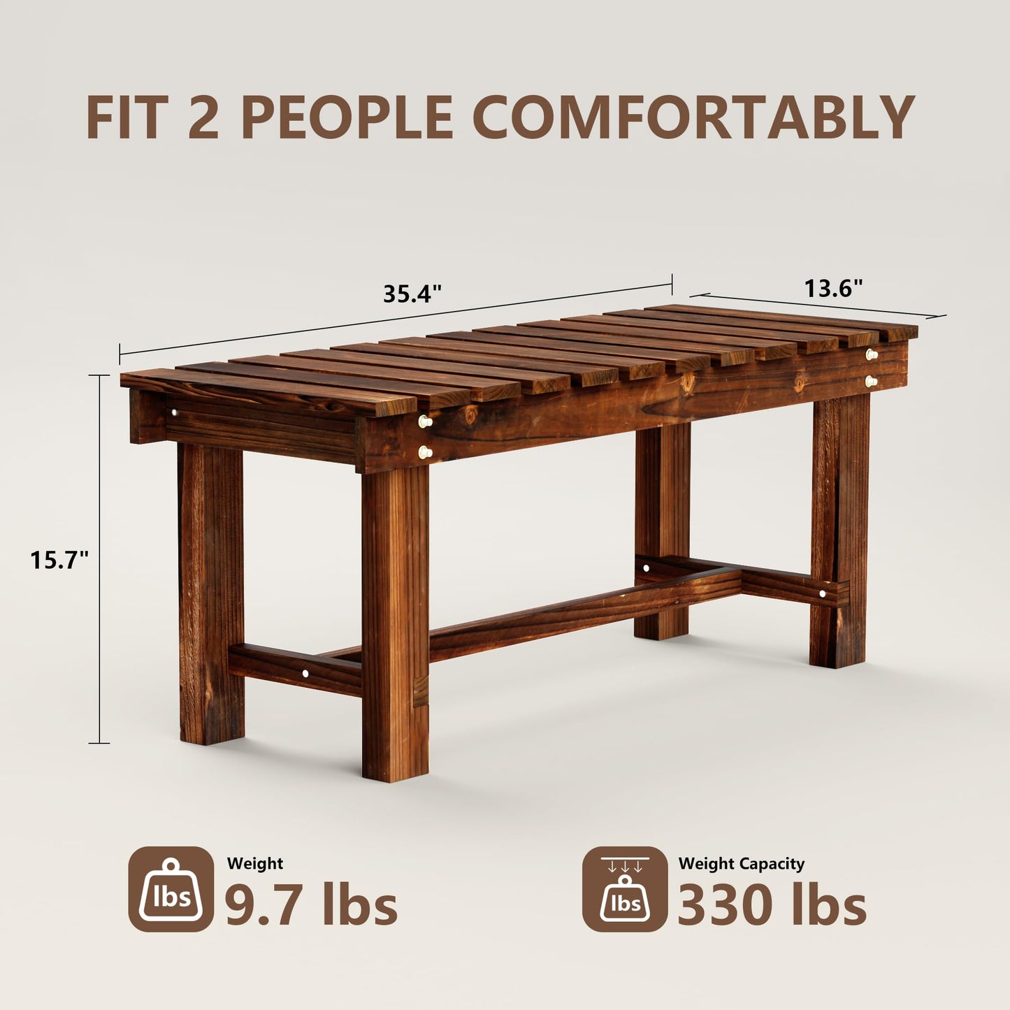 Outdoor Garden Bench, Weatherproof Patio Benches 2-Person Seat Backless Wooden Porch Bench, Multifunctional Slat All Weather Bench for Garden Lawn Porch Park Backyard (Carbonized Brown, 35.5 inch)