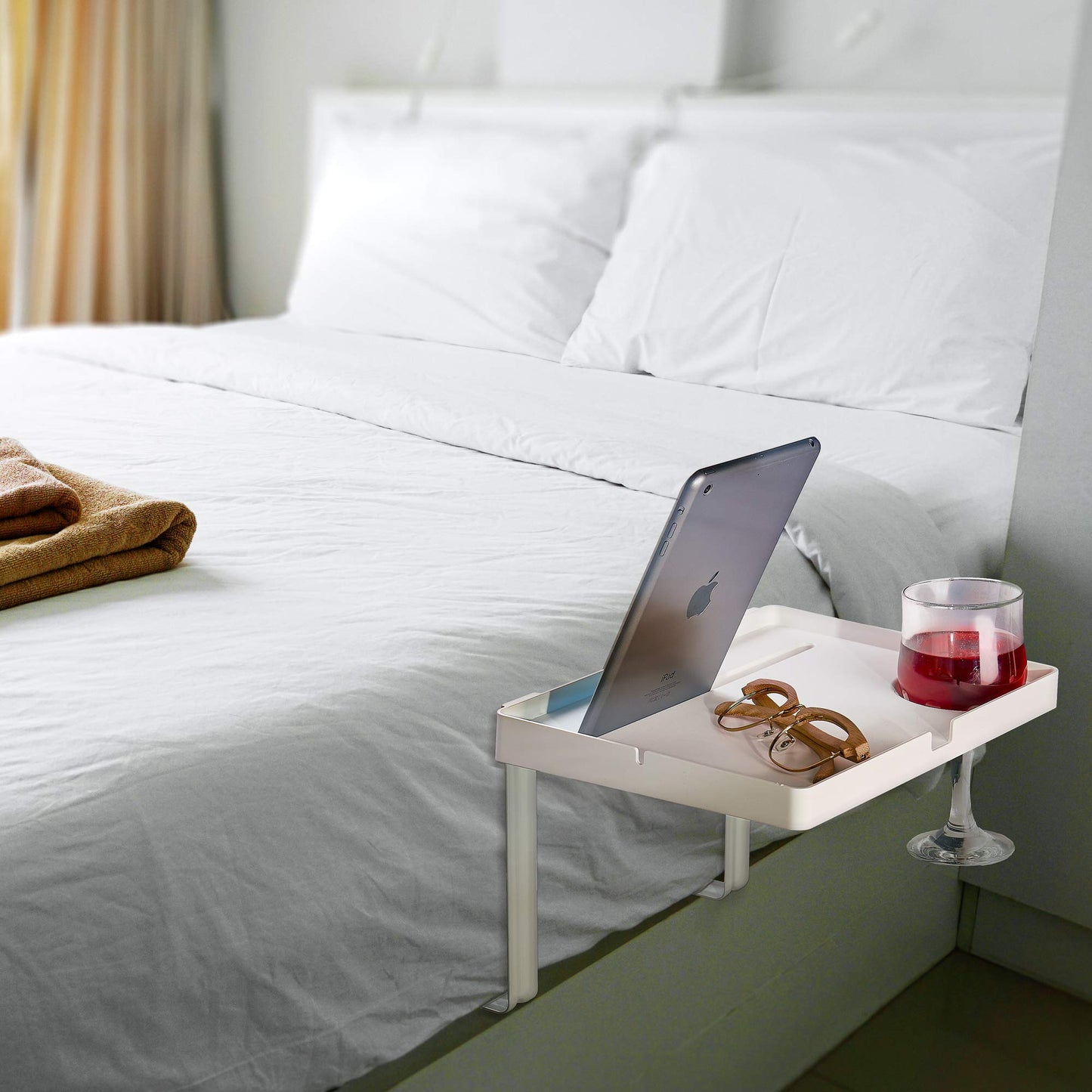 Aleratec Bedside Shelf and Mattress Tray Nightstand with Built in Cup Holder and Tablet or Phone Slot | Night Accent Table Bed Stand - White
