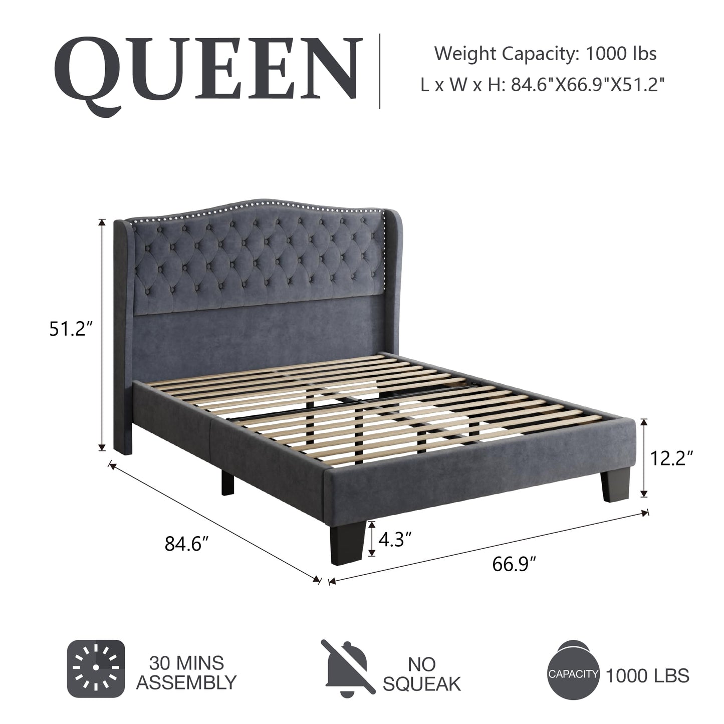 SwnftWinnt Queen Size Upholstered Bed Frame, Velvet Luxury Wingback Headboard, Platform Bed with Deep Button Tufted & Nailhead Trim, No Box Spring Needed, Noise Free, Easy Assembly, Grey