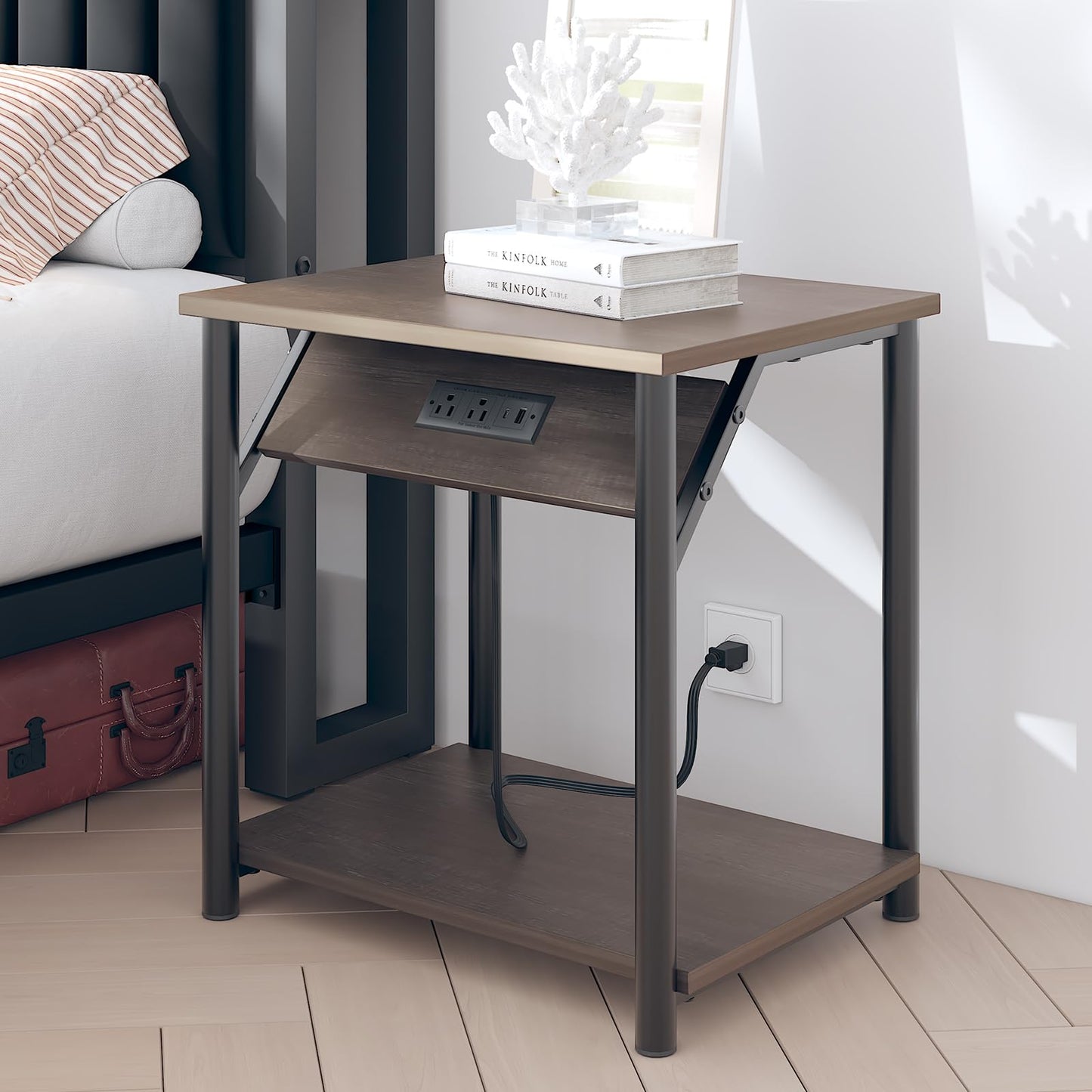 Nightstands Set of 2, Small End Tables with Charging Station, Modern Night Stands, Narrow Side Tables for Small Space, Bedside Tables with 2-Tier Storage Shelf for Living Room, Bedroom, Rustic Grey