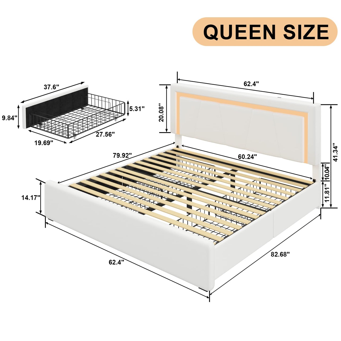 Forrise Queen Size Bed Frame with Adjustable Headboard, Upholstered Platform Bed with 4 Storage Drawers, Wooden Slats Support, Built in Charging Station & LED, Noise-Free, No Box Spring Needed, Beige