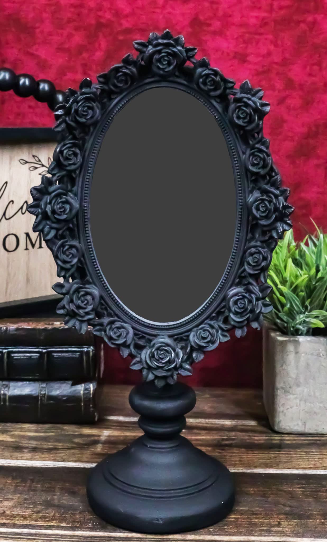 Ebros Gift Victorian Black Gothic Roses Floral Decorative Vanity Dressing Desktop Table Mirror Oval Shaped Figurine with Dark Alchemy Ossuary Macabre Boudoir Accent