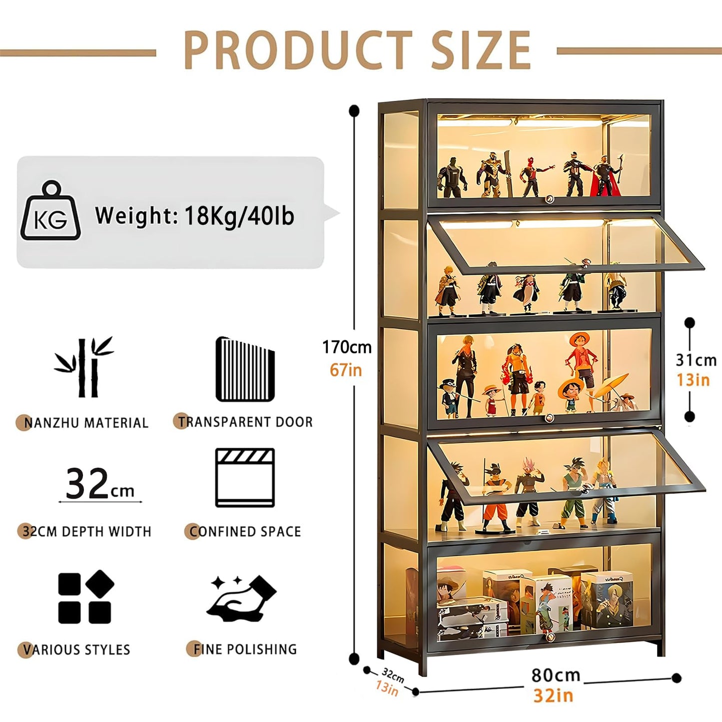 TVMCNA 68" Display Cabinet, Curio Display Cabinet with Acrylic Door Collectibles Toy Organizers Rack & Display Shelf, Display Case for Playroom Bedroom Toddler's Room Kids Bookcase