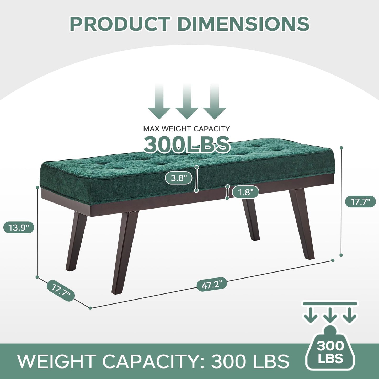 Entryway Bench, 47.2" End of Bed Bench, Chenille Benches for Bedroom Ottoman Bench with Padded Seat, Tufted Upholstered Indoor Bench with Rubber Wood Legs for Living Room, Mudroom, Hallway, Green